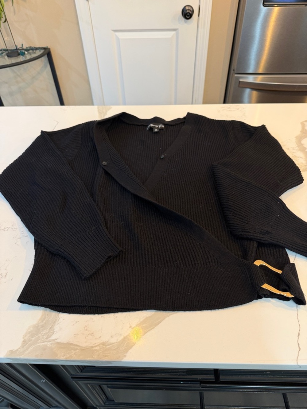 Woman’s Black Knit V-Neck Wrap Sweater with Gold Buckle Detail Medium